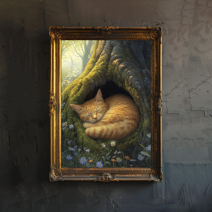 Sleeping Ginger Cat in Mossy Tree Hollow Poster Cottagecore Woodland Animal Print for Cozy Home Decor