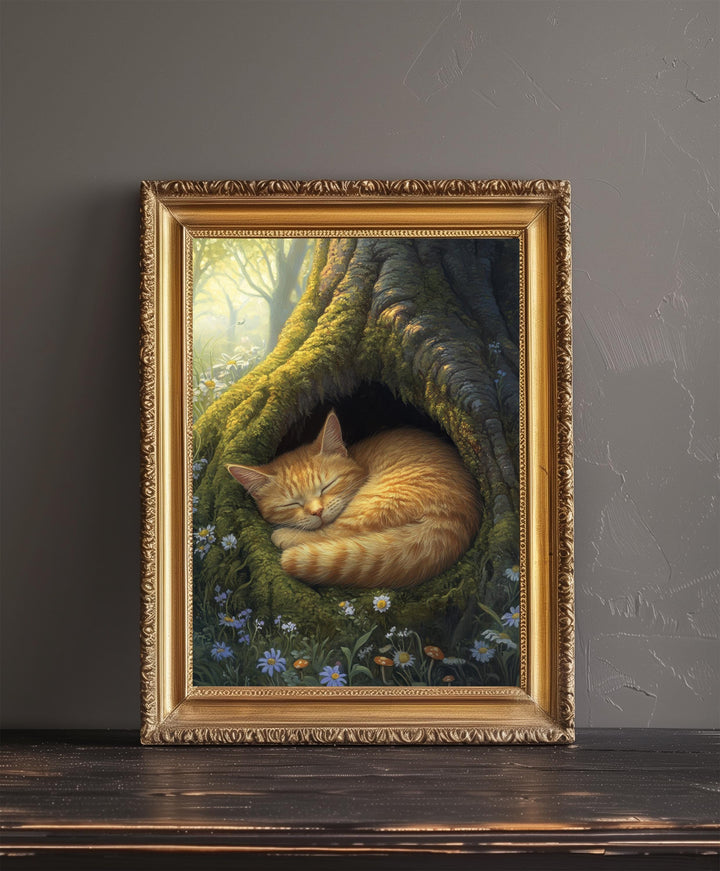 Sleeping Ginger Cat in Mossy Tree Hollow Poster Cottagecore Woodland Animal Print for Cozy Home Decor