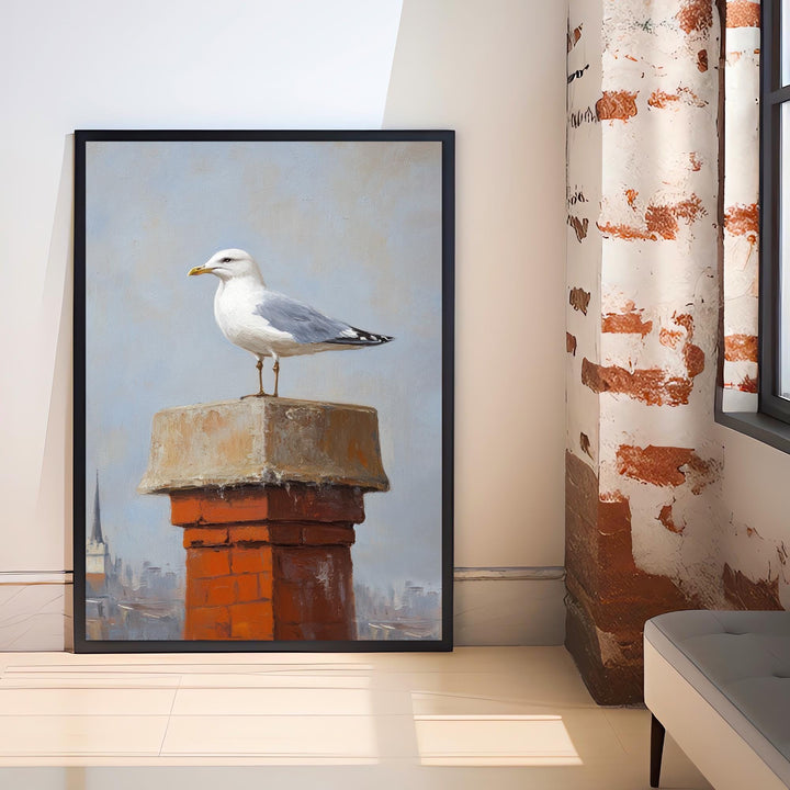 Seagull on Chimney Poster Coastal Wall Art Print Seaside Bird Illustration for Beach House or Nautical Home Decor