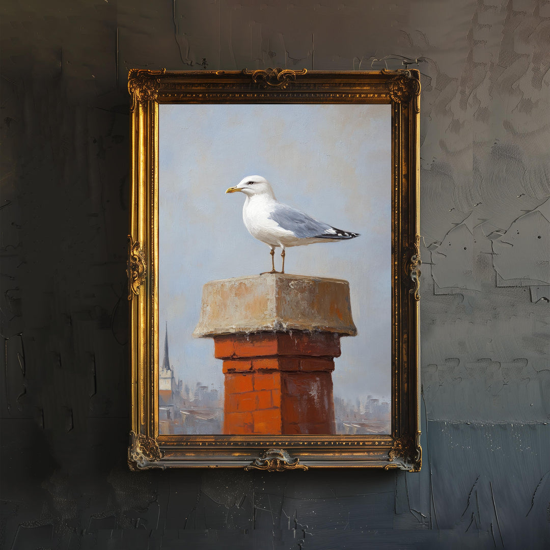 Seagull on Chimney Poster Coastal Wall Art Print Seaside Bird Illustration for Beach House or Nautical Home Decor