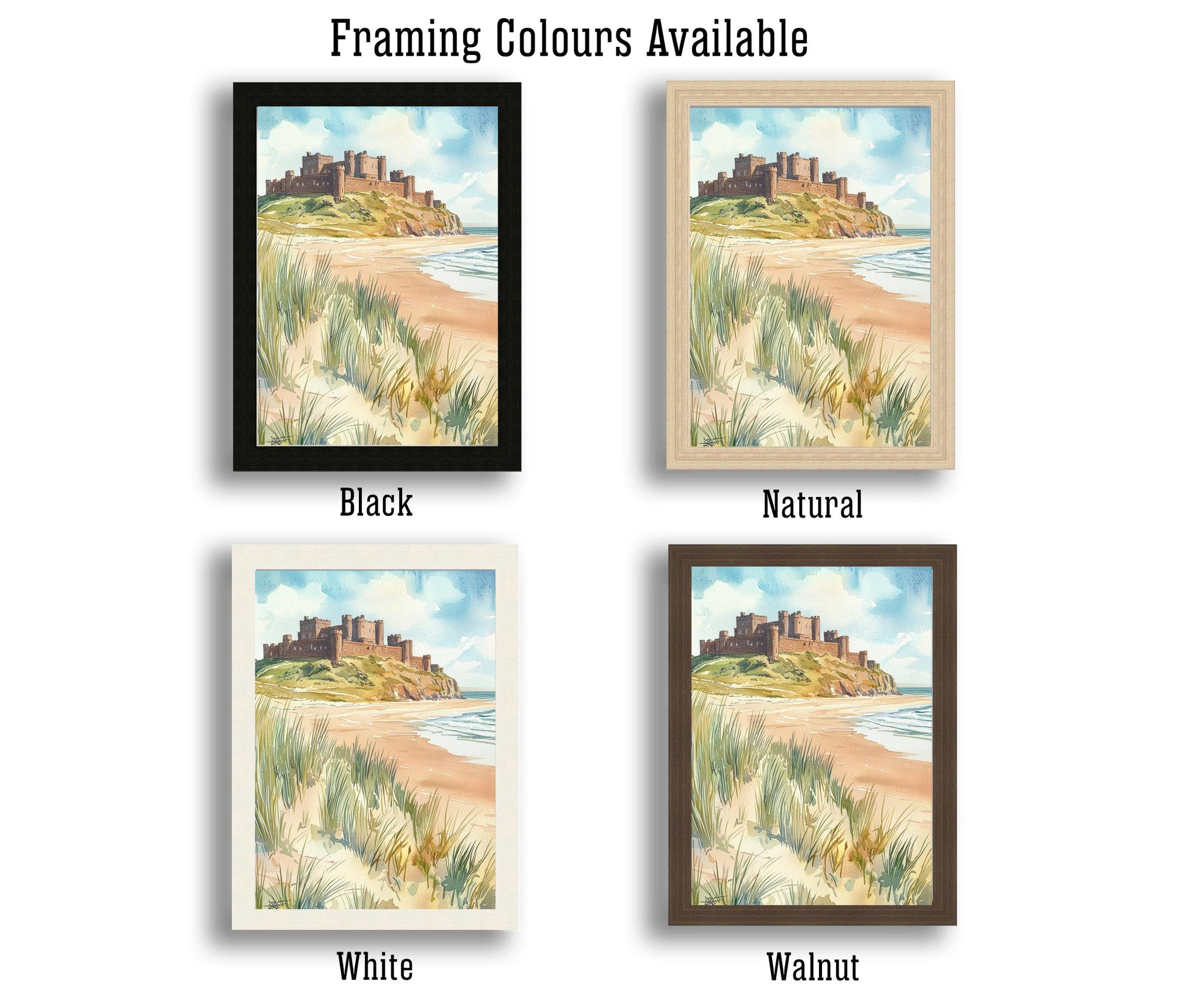 Bamburgh Castle Watercolor Art Print, Northumberland Coast Painting, England Seaside Wall Decor, British History Gift