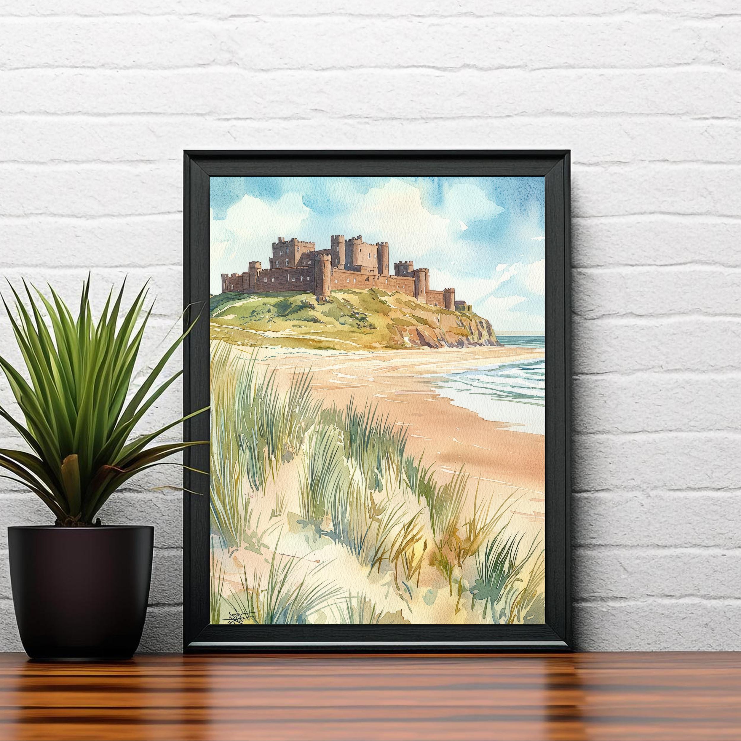 Bamburgh Castle Watercolor Art Print, Northumberland Coast Painting, England Seaside Wall Decor, British History Gift
