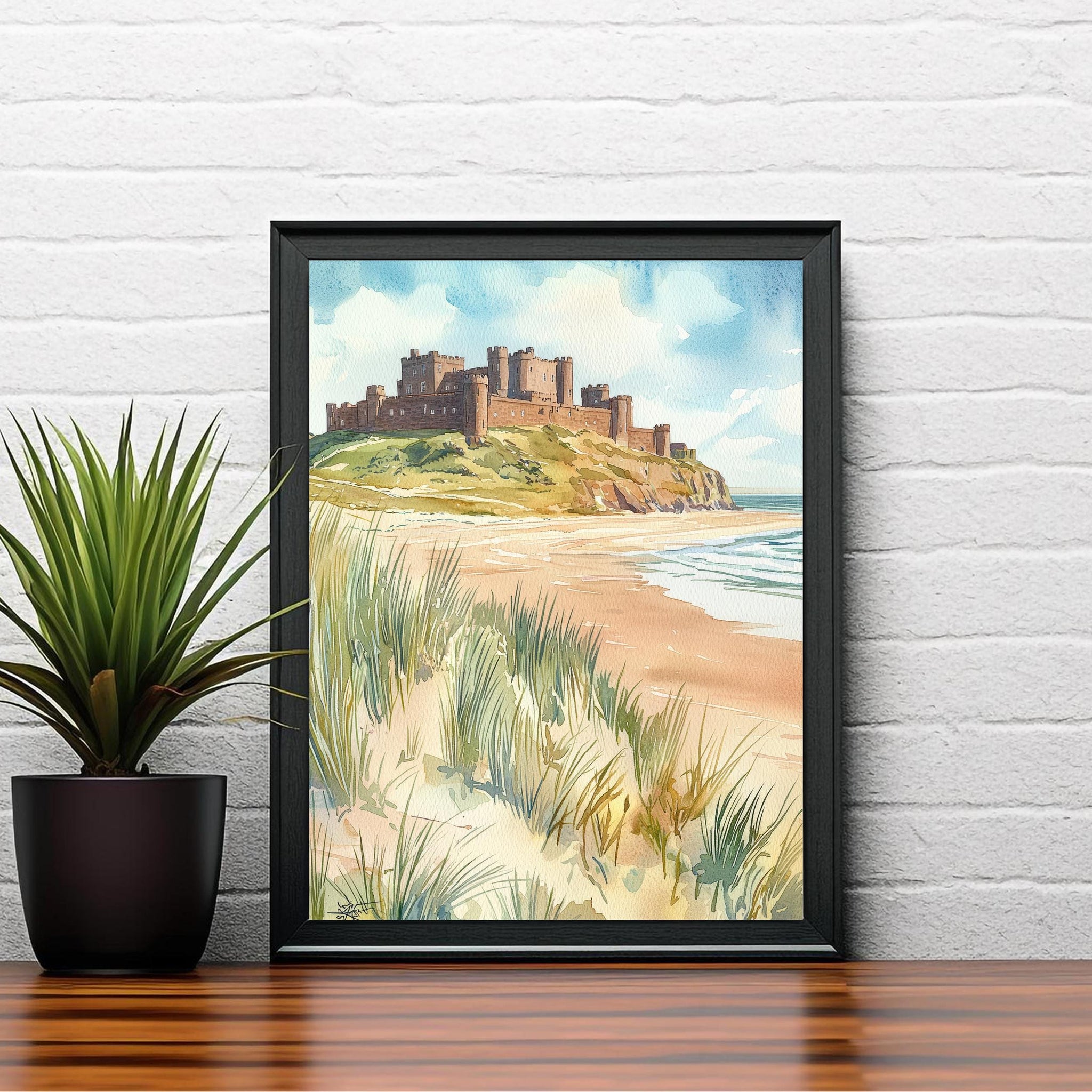 Bamburgh Castle Watercolor Art Print, Northumberland Coast Painting, England Seaside Wall Decor, British History Gift