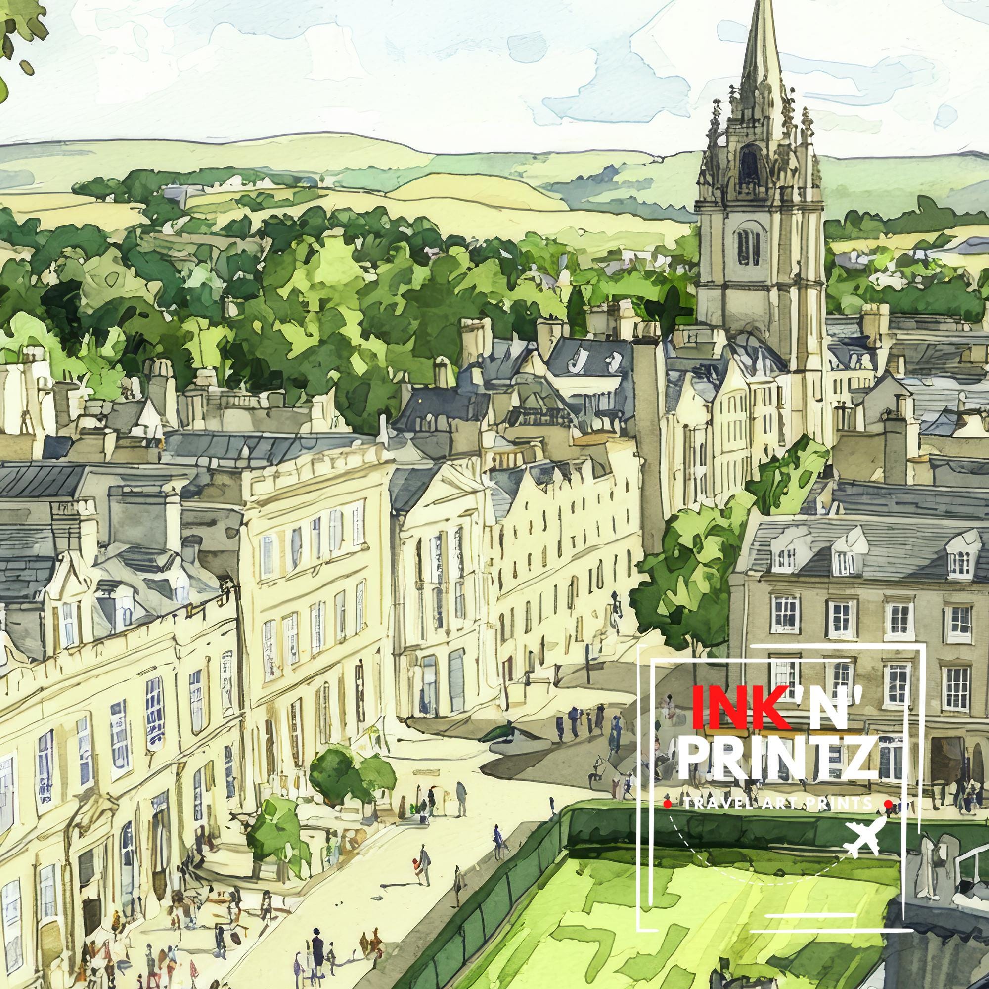 Bath England Watercolor Art Print, Roman Baths Painting, Royal Crescent Wall Decor, Georgian City Gift