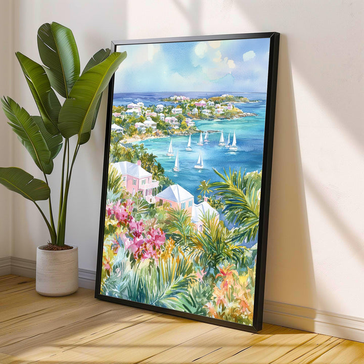 Bermuda Watercolor Art Print, Pink Sand Beach Painting, Tropical Island Wall Decor, Travel Gift