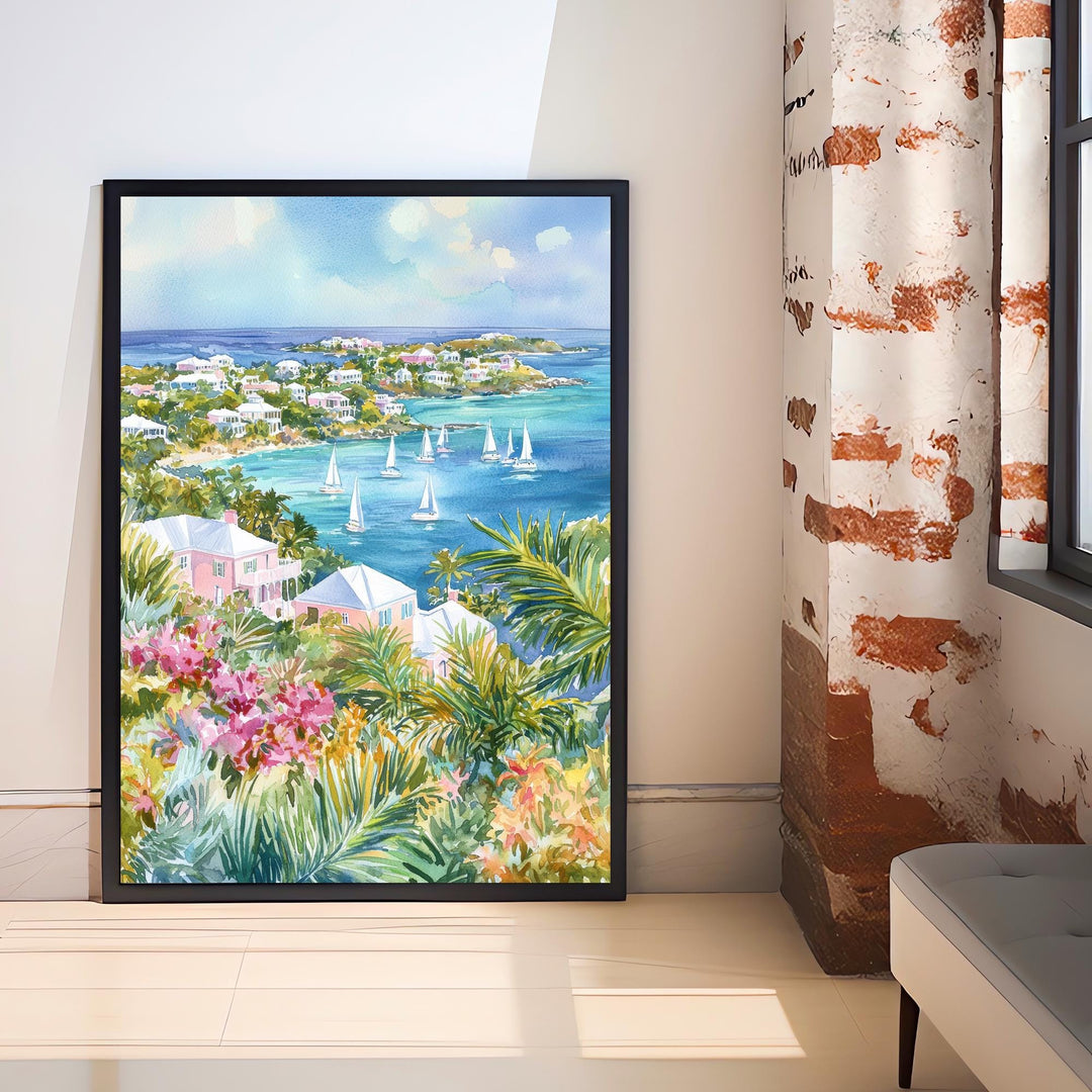 Bermuda Watercolor Art Print, Pink Sand Beach Painting, Tropical Island Wall Decor, Travel Gift