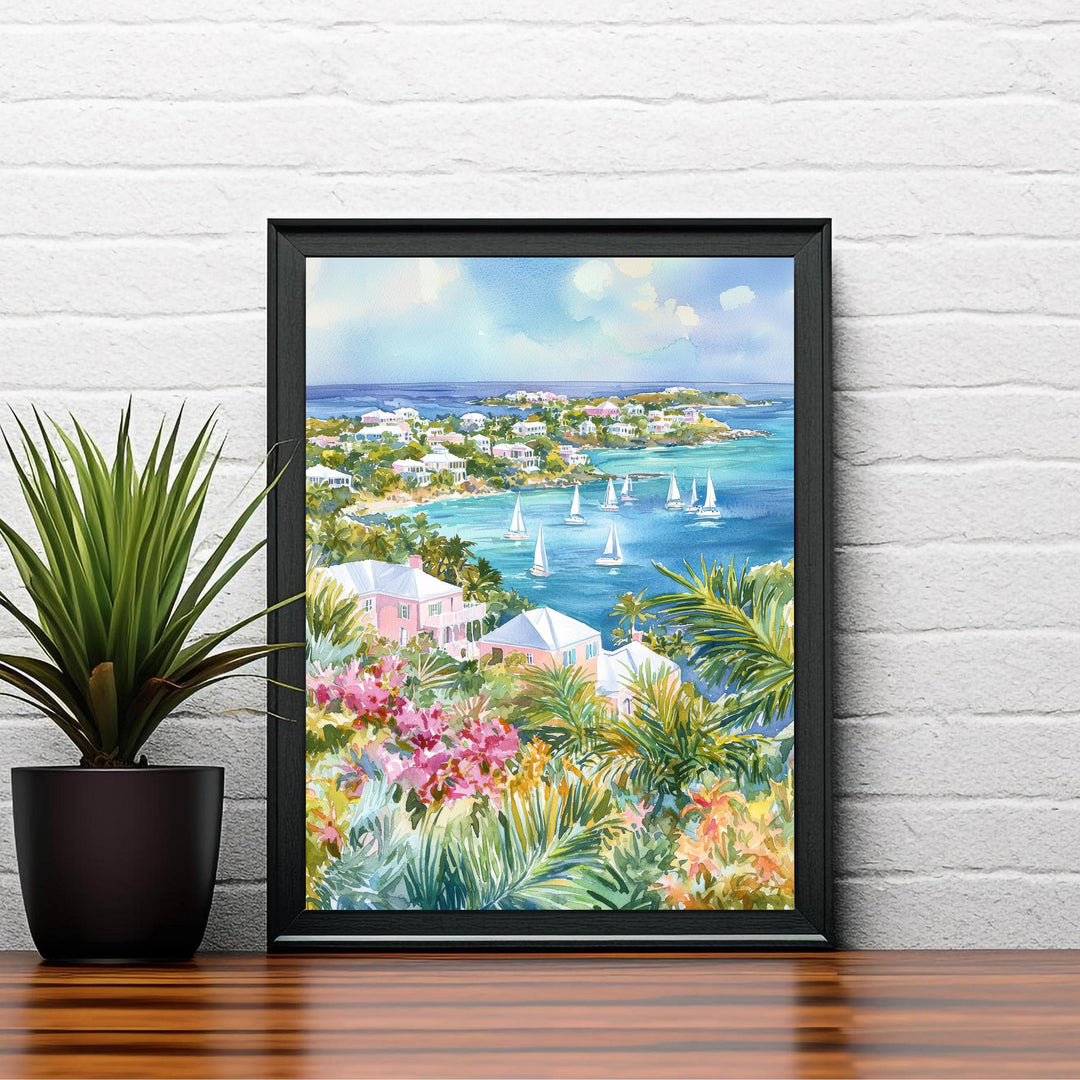 Bermuda Watercolor Art Print, Pink Sand Beach Painting, Tropical Island Wall Decor, Travel Gift