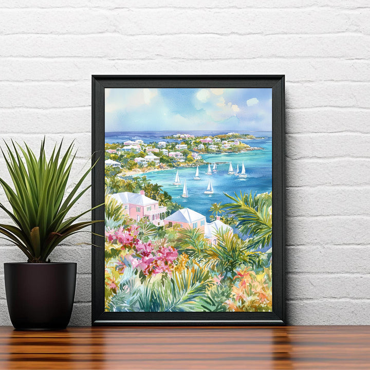 Bermuda Watercolor Art Print, Pink Sand Beach Painting, Tropical Island Wall Decor, Travel Gift