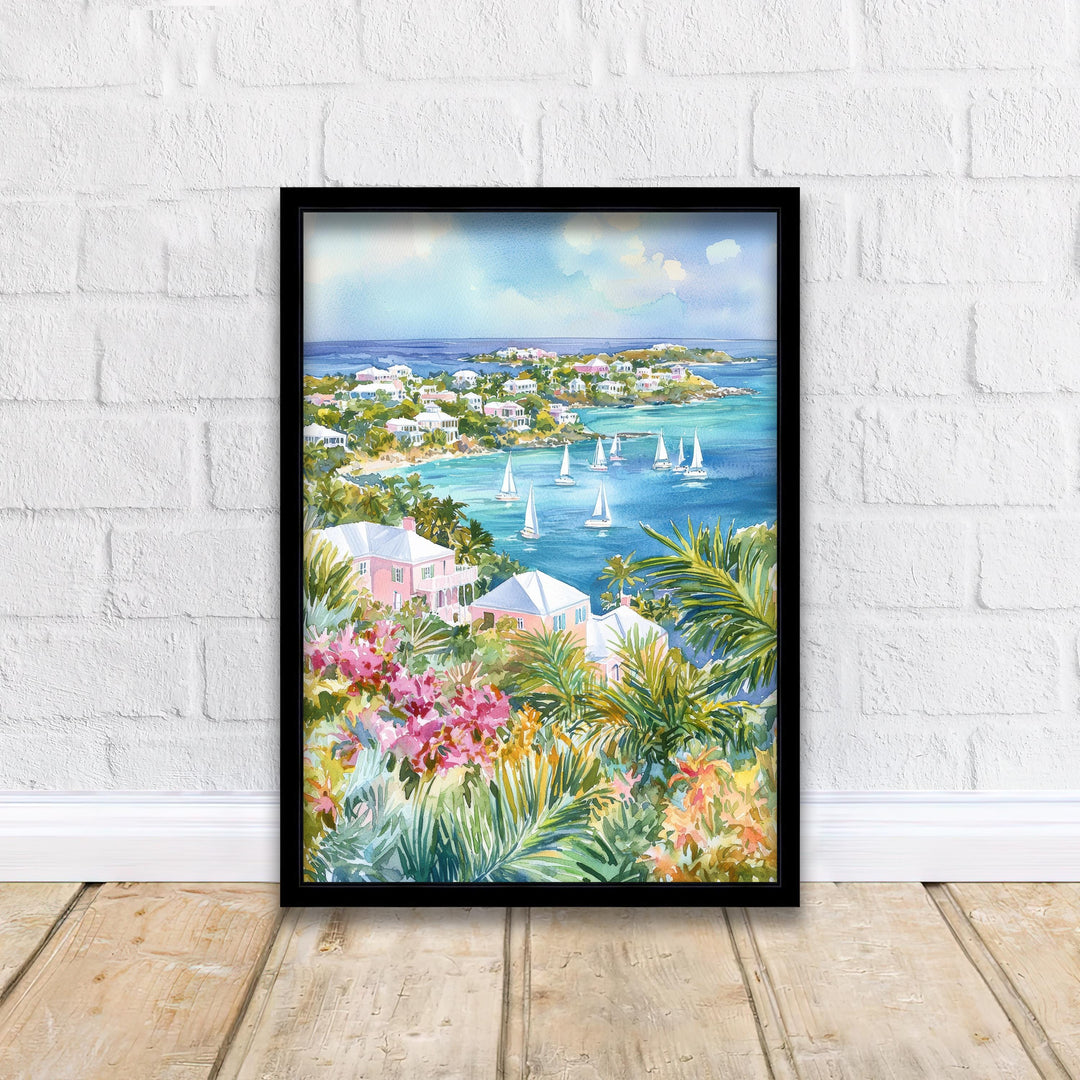 Bermuda Watercolor Art Print, Pink Sand Beach Painting, Tropical Island Wall Decor, Travel Gift