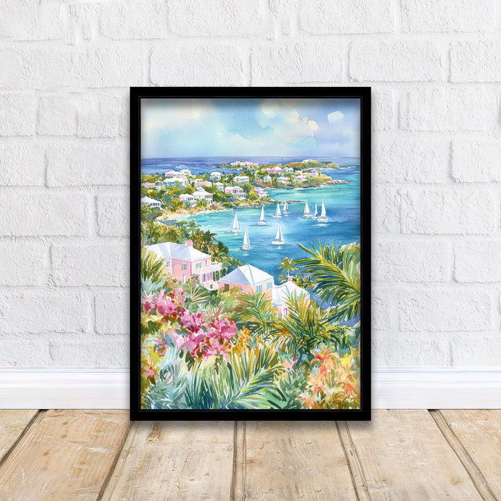 Bermuda Watercolor Art Print, Pink Sand Beach Painting, Tropical Island Wall Decor, Travel Gift
