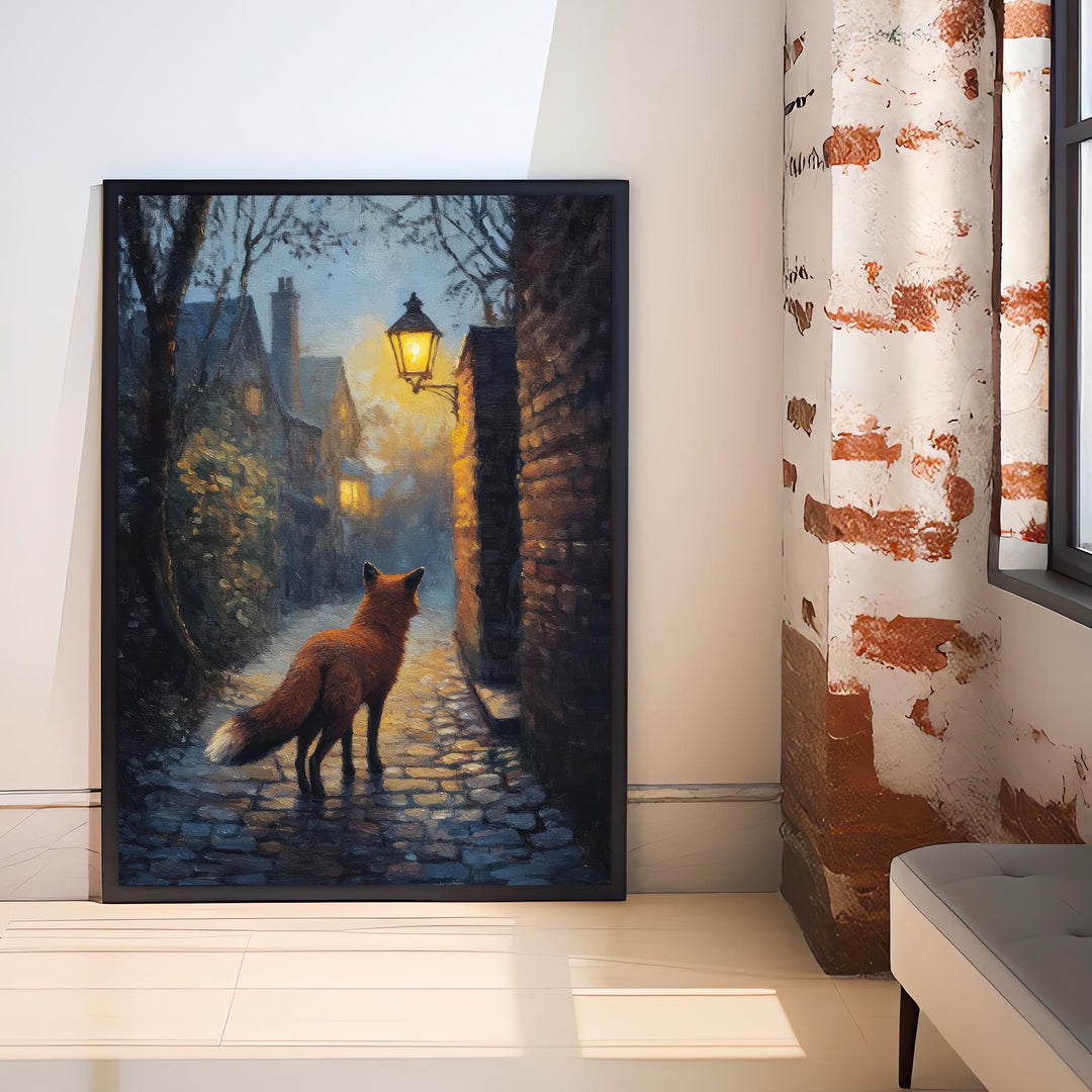 Urban Fox Under Streetlamp Poster Cottagecore Wall Art Cozy Animal Print for Rustic or Storybook Inspired Home Decor