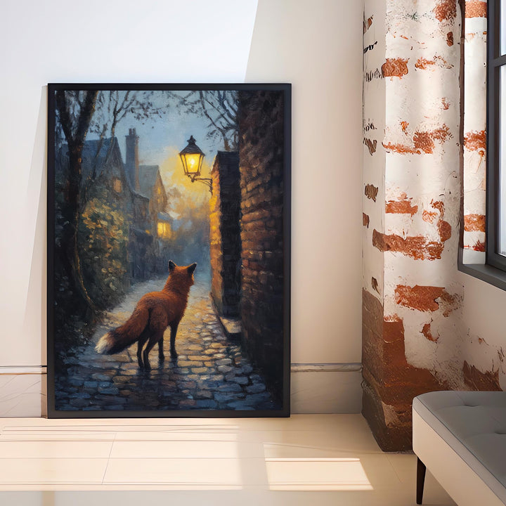 Urban Fox Under Streetlamp Poster Cottagecore Wall Art Cozy Animal Print for Rustic or Storybook Inspired Home Decor