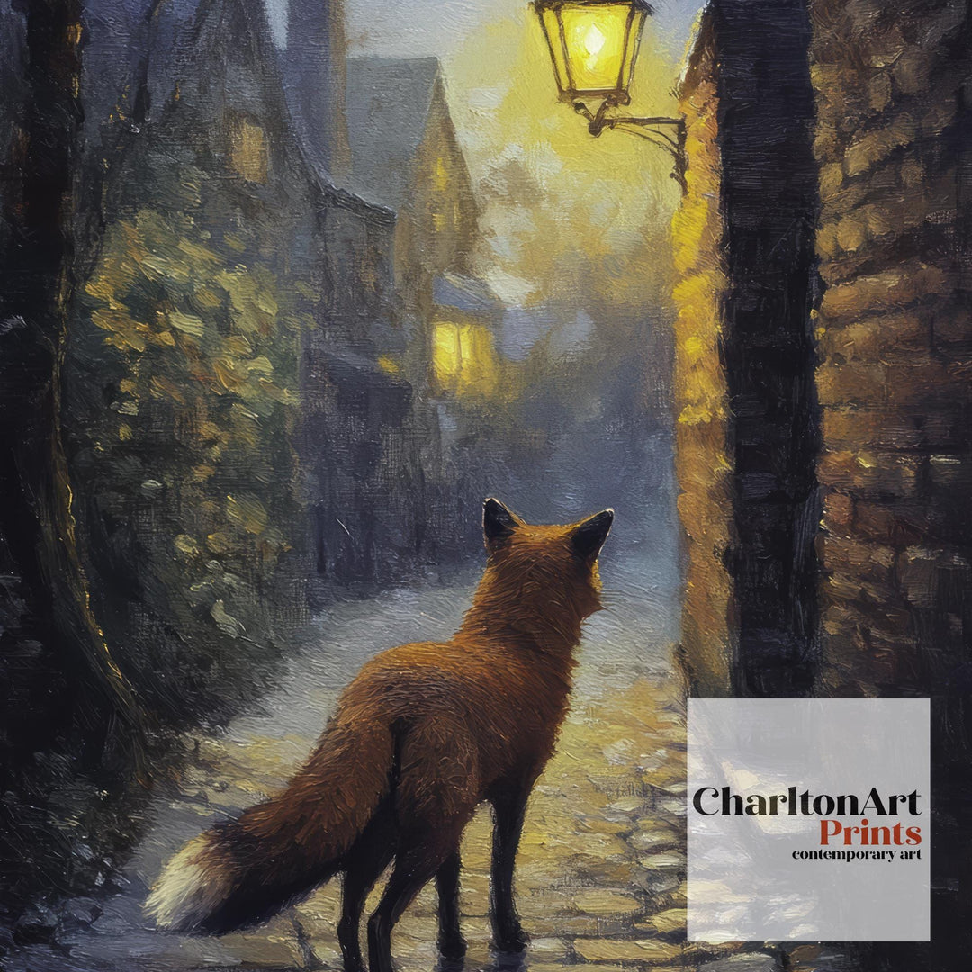 Urban Fox Under Streetlamp Poster Cottagecore Wall Art Cozy Animal Print for Rustic or Storybook Inspired Home Decor