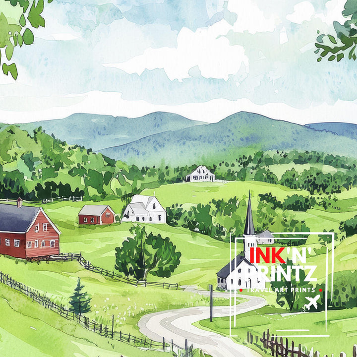Vermont Watercolor Art Print, New England Fall Foliage Painting, Covered Bridge Wall Decor, Autumn Travel Gift