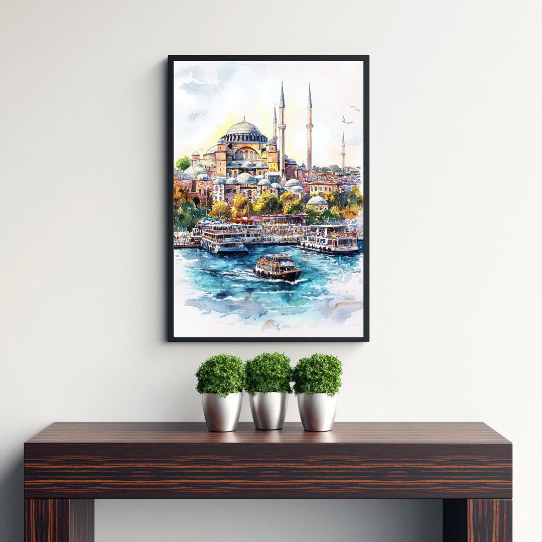 Istanbul Cityscape Watercolor Art Print, Hagia Sophia Painting, Turkey Travel Gift, City Wall Decor