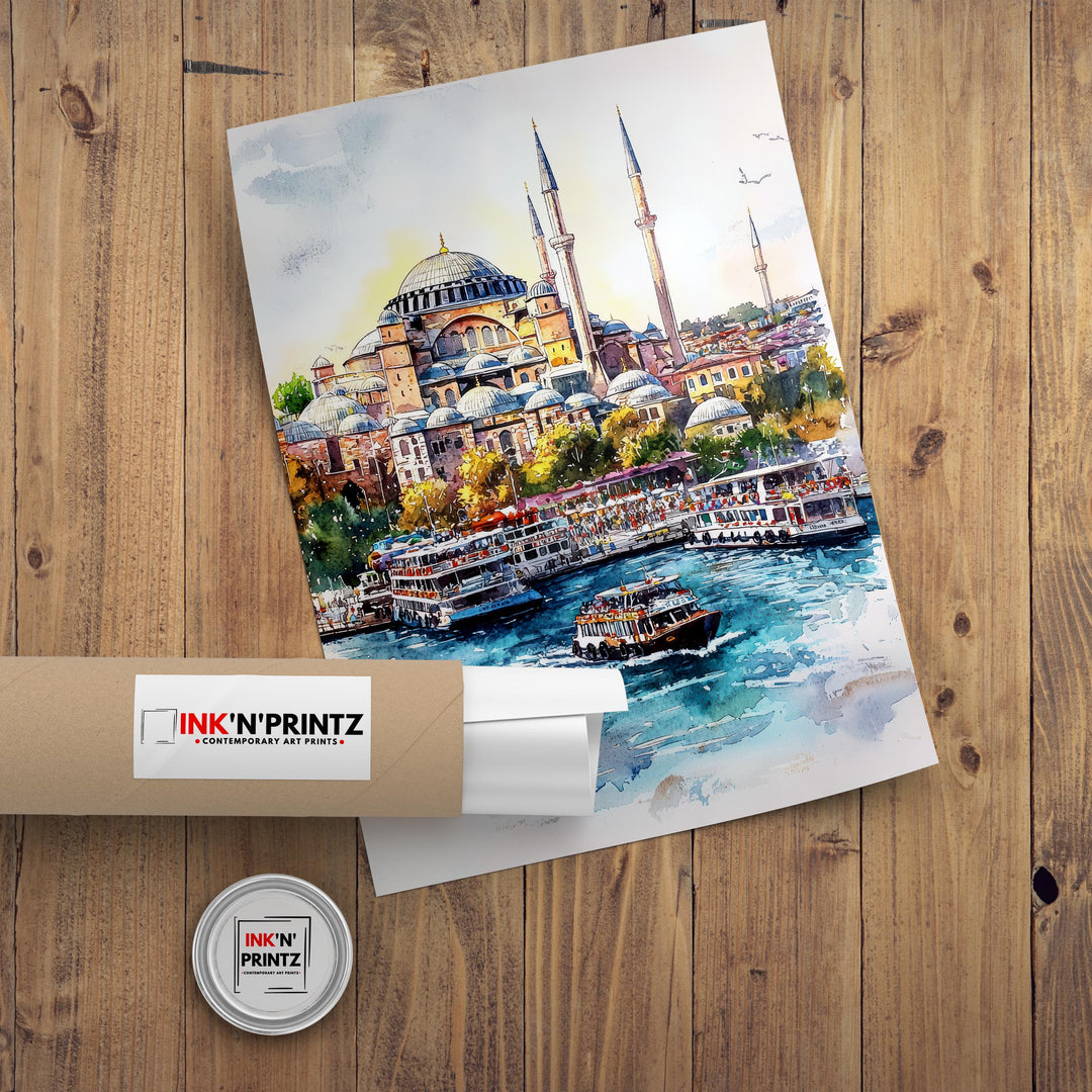 Istanbul Cityscape Watercolor Art Print, Hagia Sophia Painting, Turkey Travel Gift, City Wall Decor