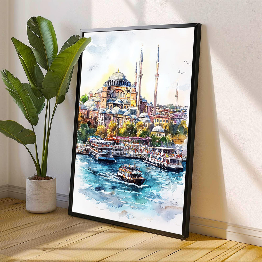 Istanbul Cityscape Watercolor Art Print, Hagia Sophia Painting, Turkey Travel Gift, City Wall Decor