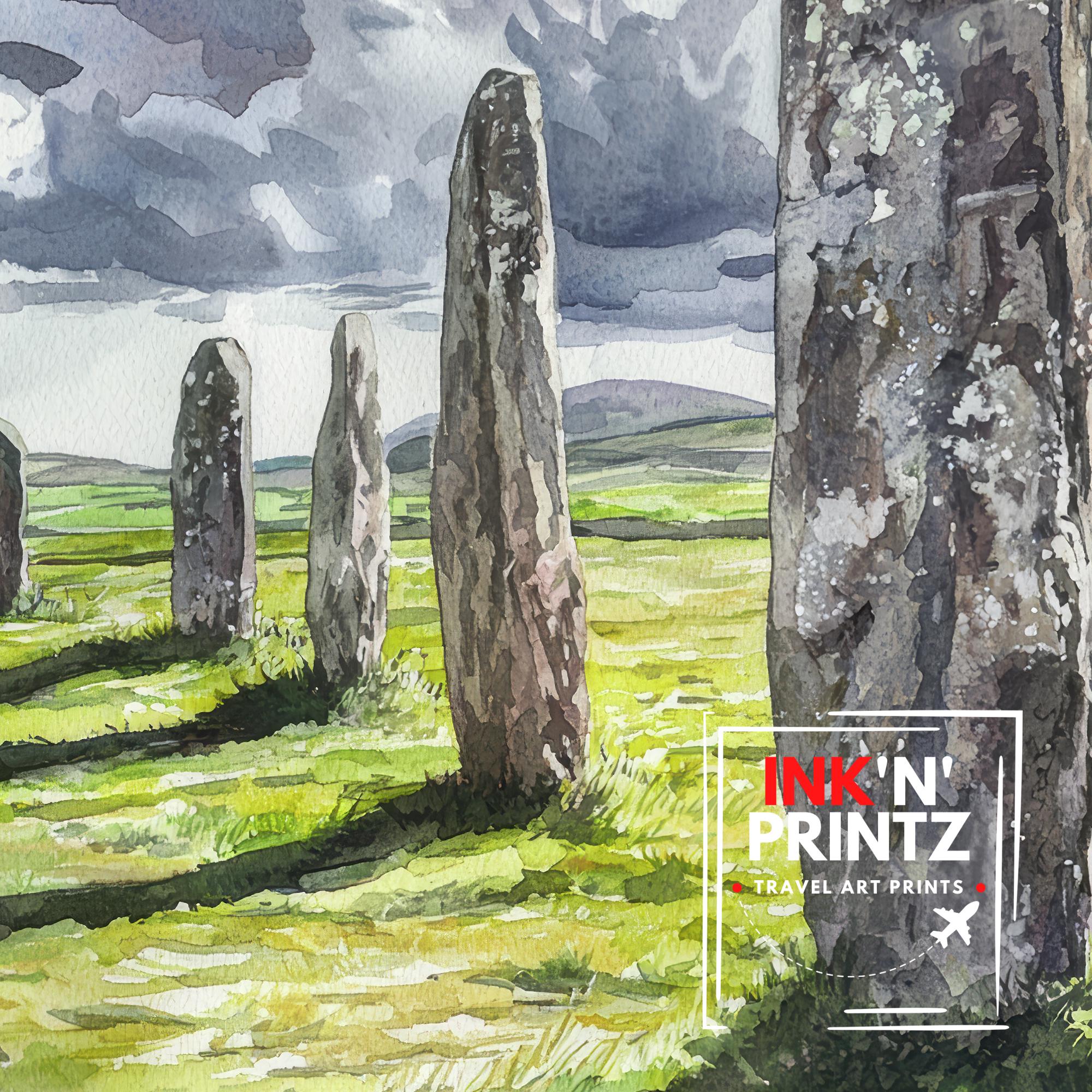 Callanish Standing Stones Watercolor Art Print, Isle of Lewis Painting, Scottish Ancient Monument Wall Decor, History Gift