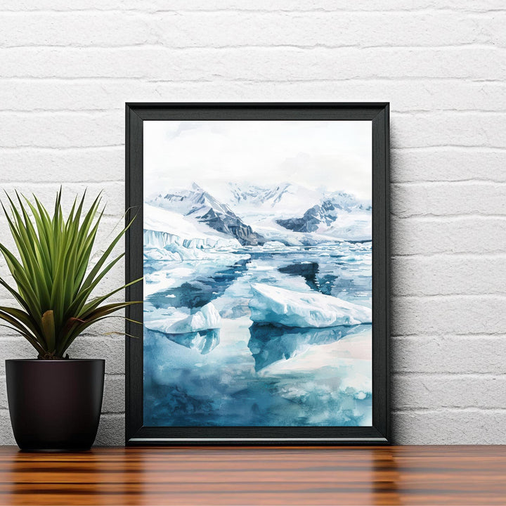 Jokulsarlon Glacier Lagoon Art Print, Iceland Watercolor Painting, Icebergs Wall Decor, Icelandic Travel Gift