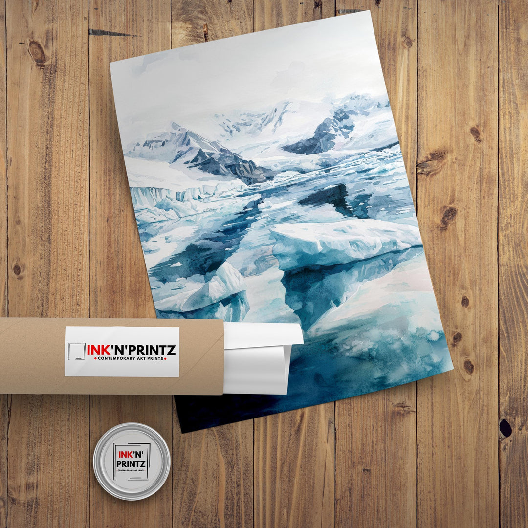 Jokulsarlon Glacier Lagoon Art Print, Iceland Watercolor Painting, Icebergs Wall Decor, Icelandic Travel Gift
