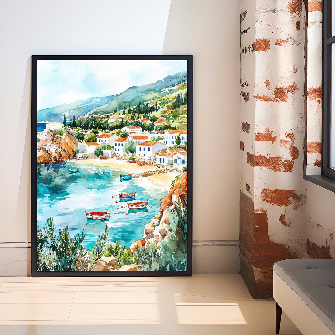 Kefalonia Watercolor Art Print, Myrtos Beach Painting, Greek Island Wall Decor, Ionian Sea Travel Gift