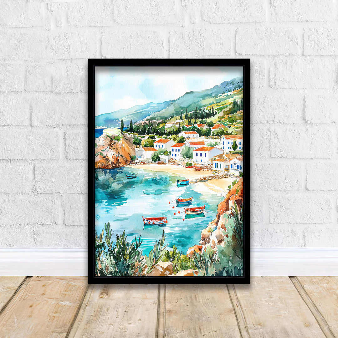 Kefalonia Watercolor Art Print, Myrtos Beach Painting, Greek Island Wall Decor, Ionian Sea Travel Gift