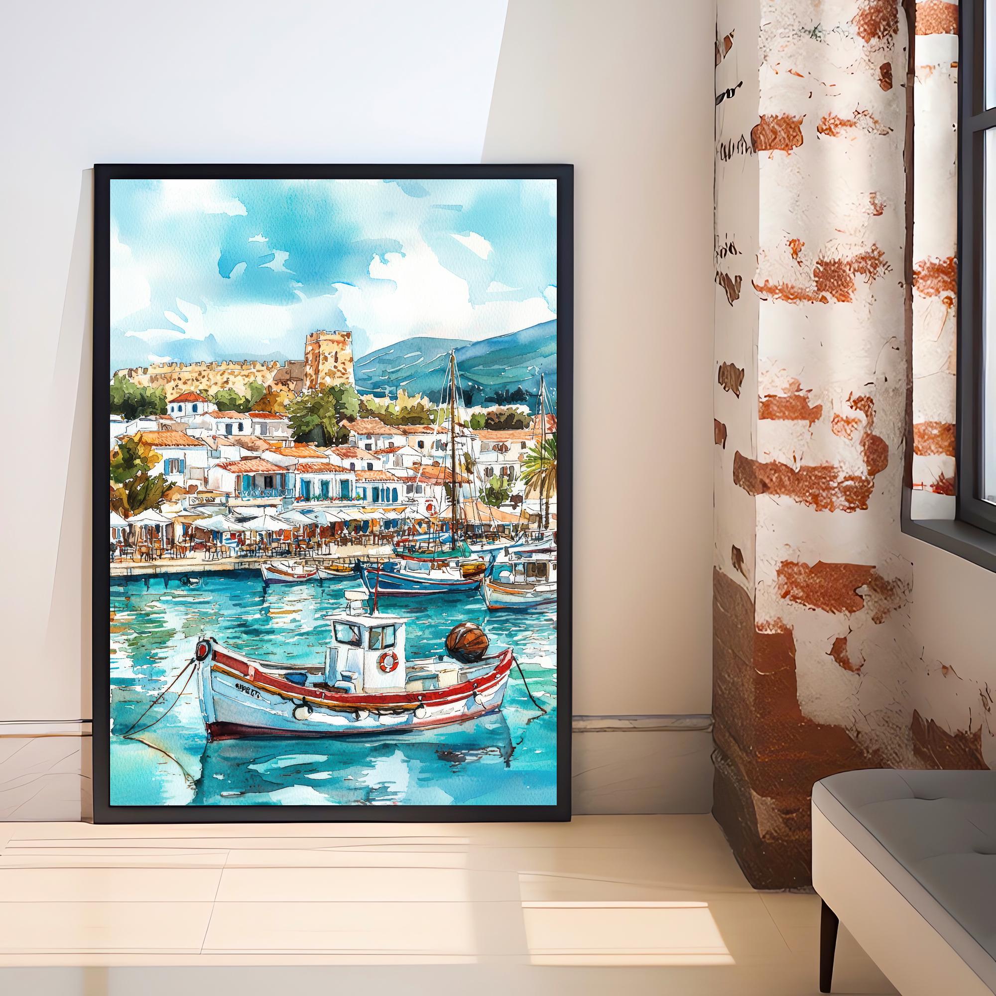 Kos Harbour Watercolor Art Print, Mandraki Port Painting, Greek Island Wall Decor, Coastal Travel Gift