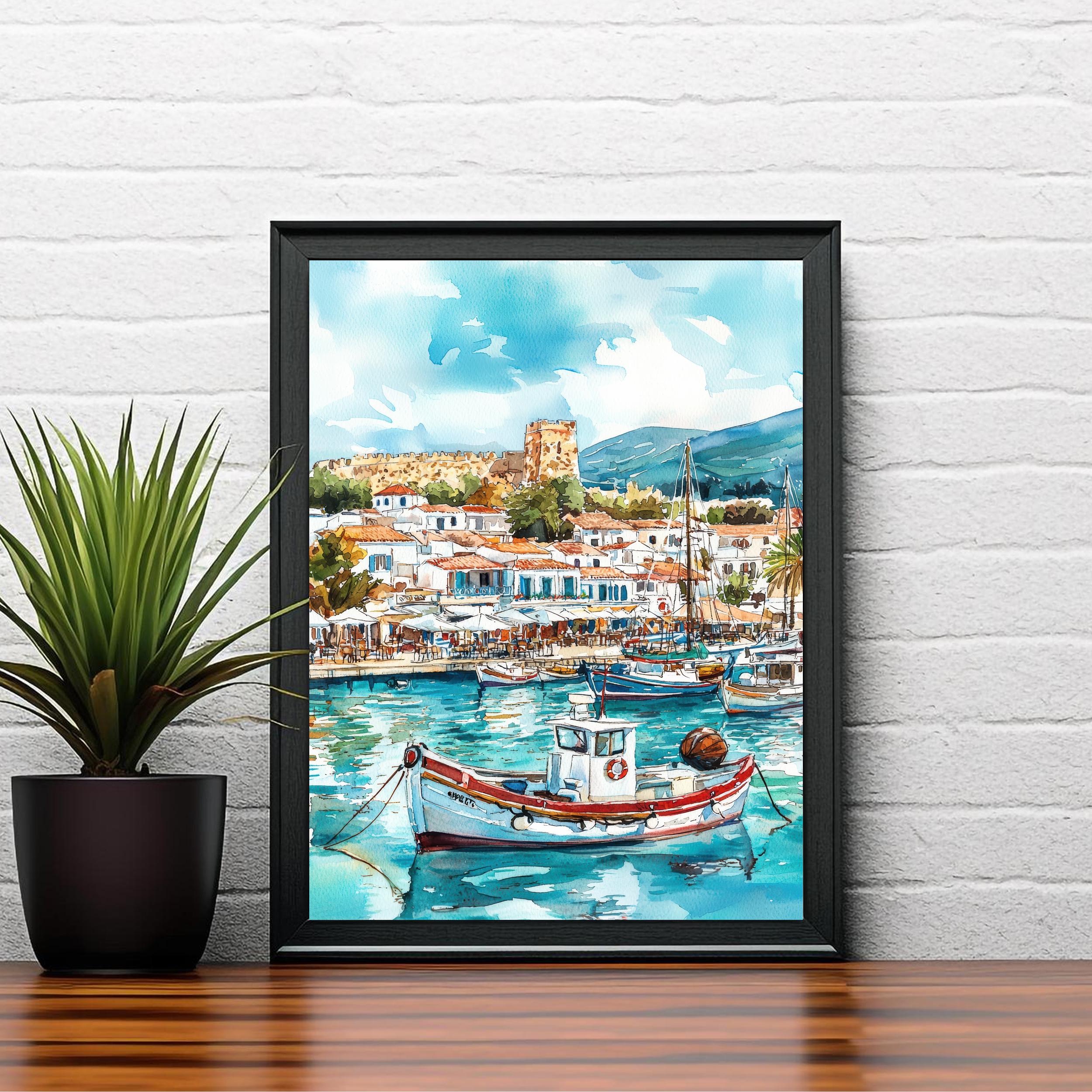 Kos Harbour Watercolor Art Print, Mandraki Port Painting, Greek Island Wall Decor, Coastal Travel Gift