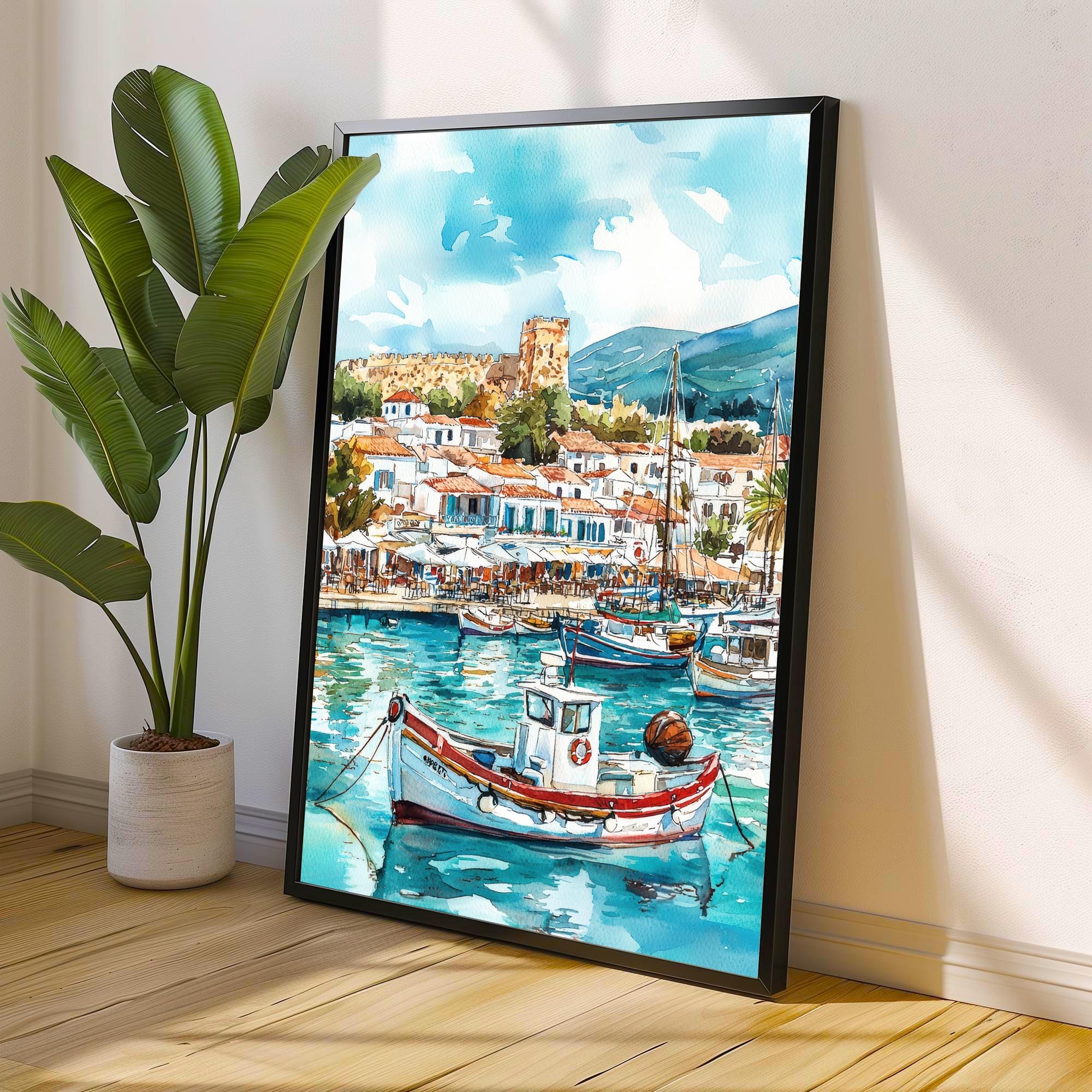 Kos Harbour Watercolor Art Print, Mandraki Port Painting, Greek Island Wall Decor, Coastal Travel Gift