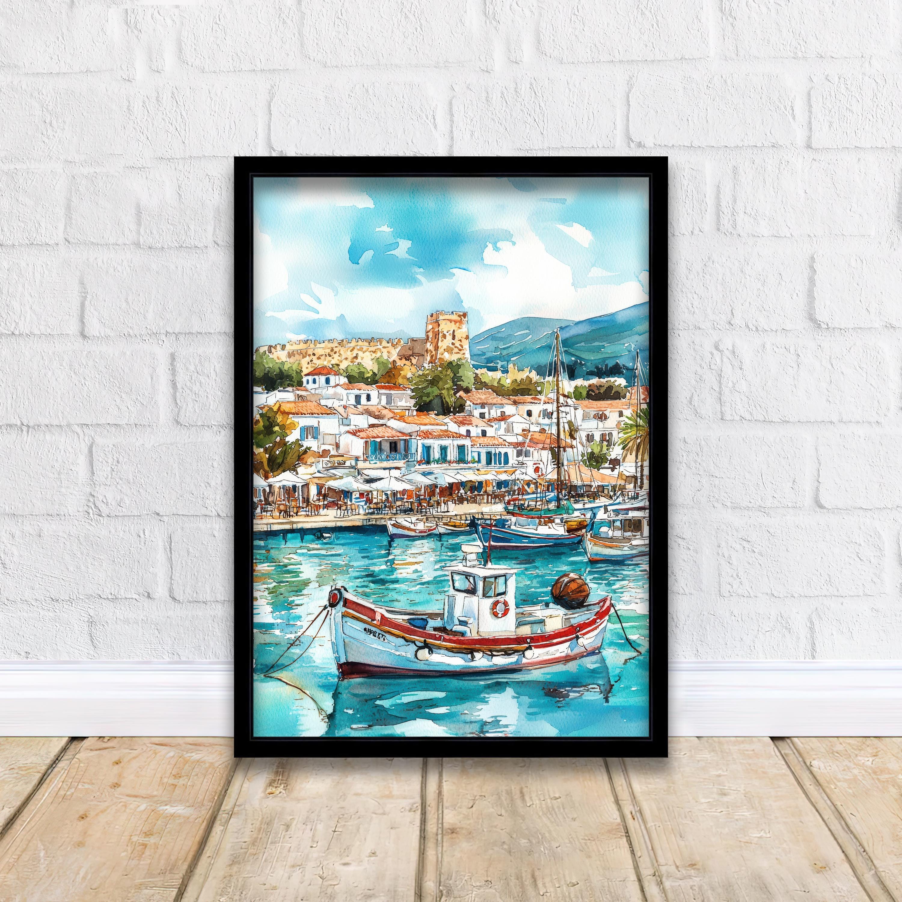 Kos Harbour Watercolor Art Print, Mandraki Port Painting, Greek Island Wall Decor, Coastal Travel Gift