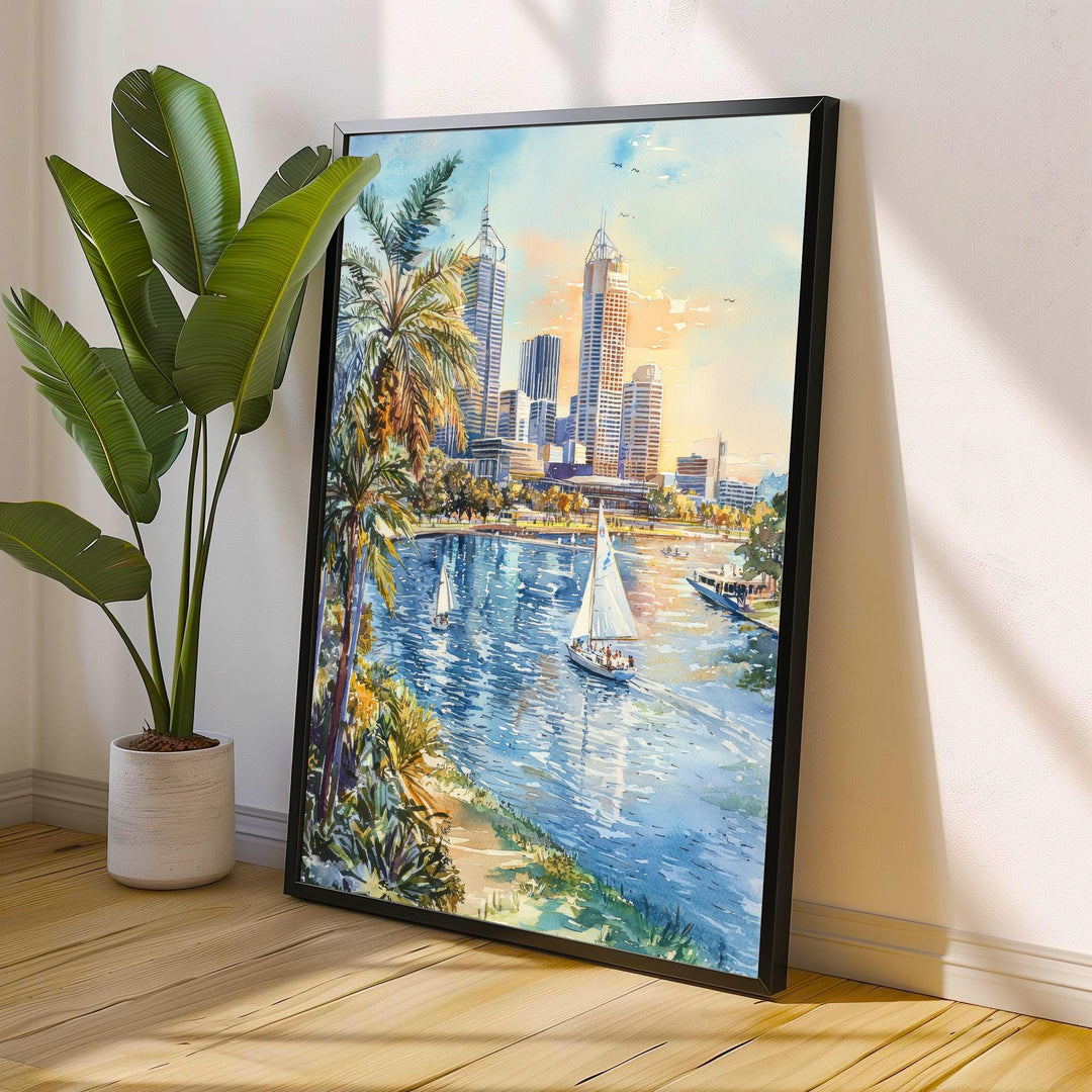 Perth Australia Watercolor Art Print, Swan River Painting, Cityscape Wall Decor, Australian Travel Gift