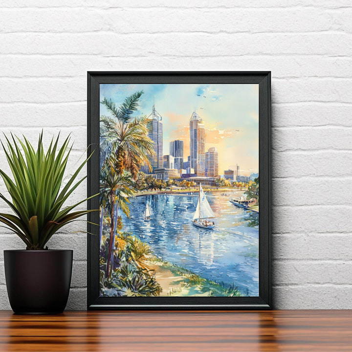 Perth Australia Watercolor Art Print, Swan River Painting, Cityscape Wall Decor, Australian Travel Gift