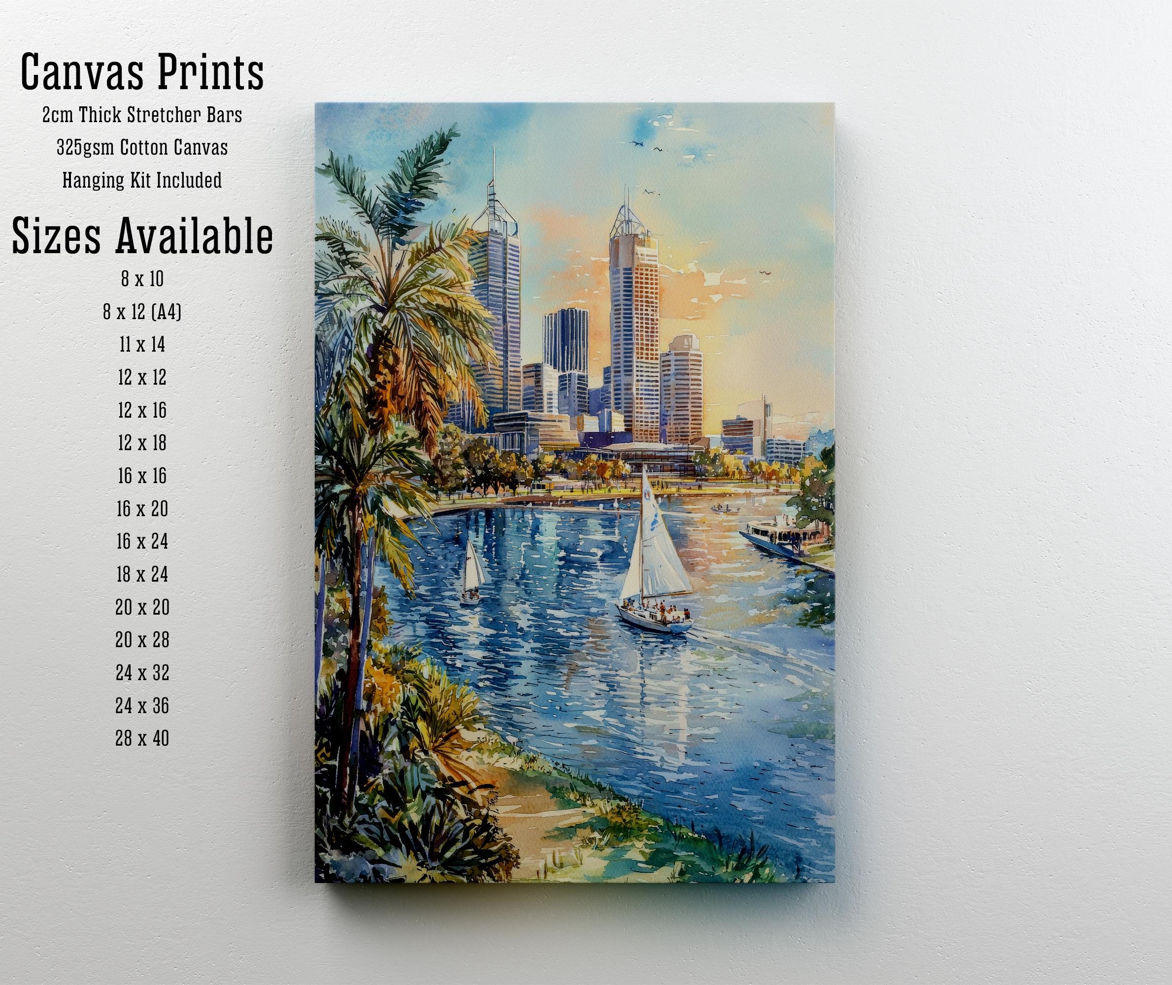 Perth Australia Watercolor Art Print, Swan River Painting, Cityscape Wall Decor, Australian Travel Gift