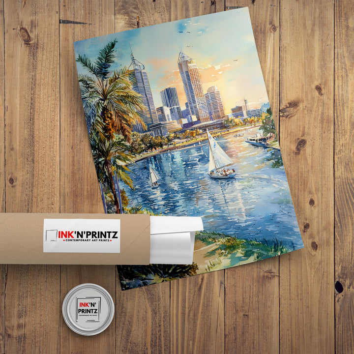 Perth Australia Watercolor Art Print, Swan River Painting, Cityscape Wall Decor, Australian Travel Gift
