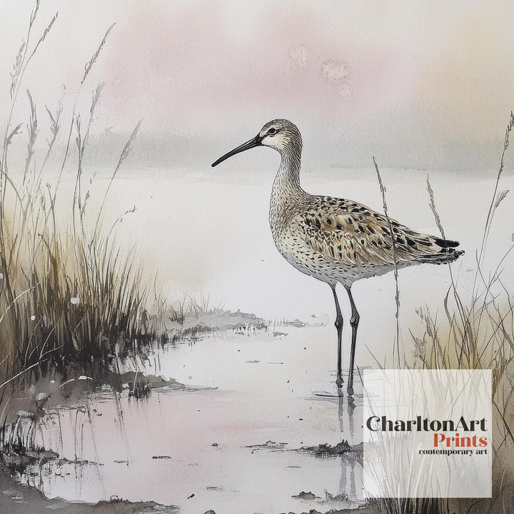 Shorebird Marshland Watercolor Print Cottagecore Decor Dark Academia Art Enchanted Wildlife Illustration Vintage Nature Wall Art