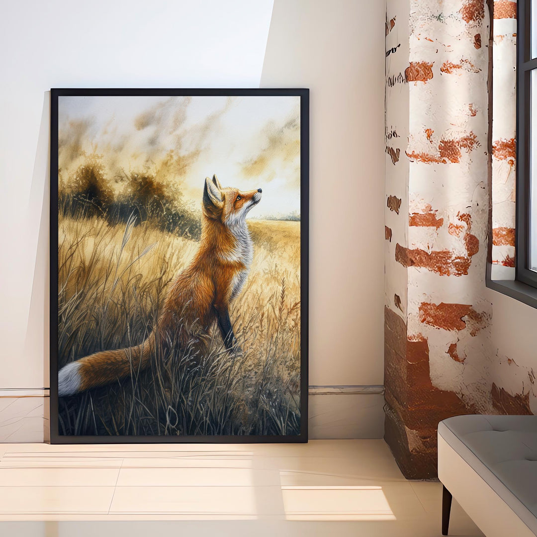 Fox in a Field Watercolor Print Cottagecore Decor Dark Academia Art Enchanted Wildlife Illustration Vintage Nature Wall Art