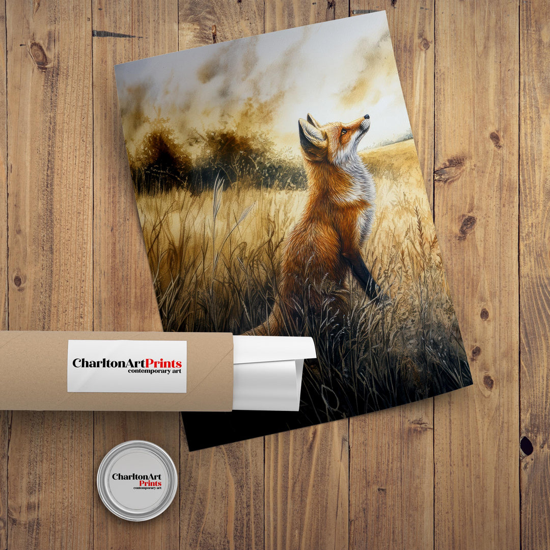 Fox in a Field Watercolor Print Cottagecore Decor Dark Academia Art Enchanted Wildlife Illustration Vintage Nature Wall Art