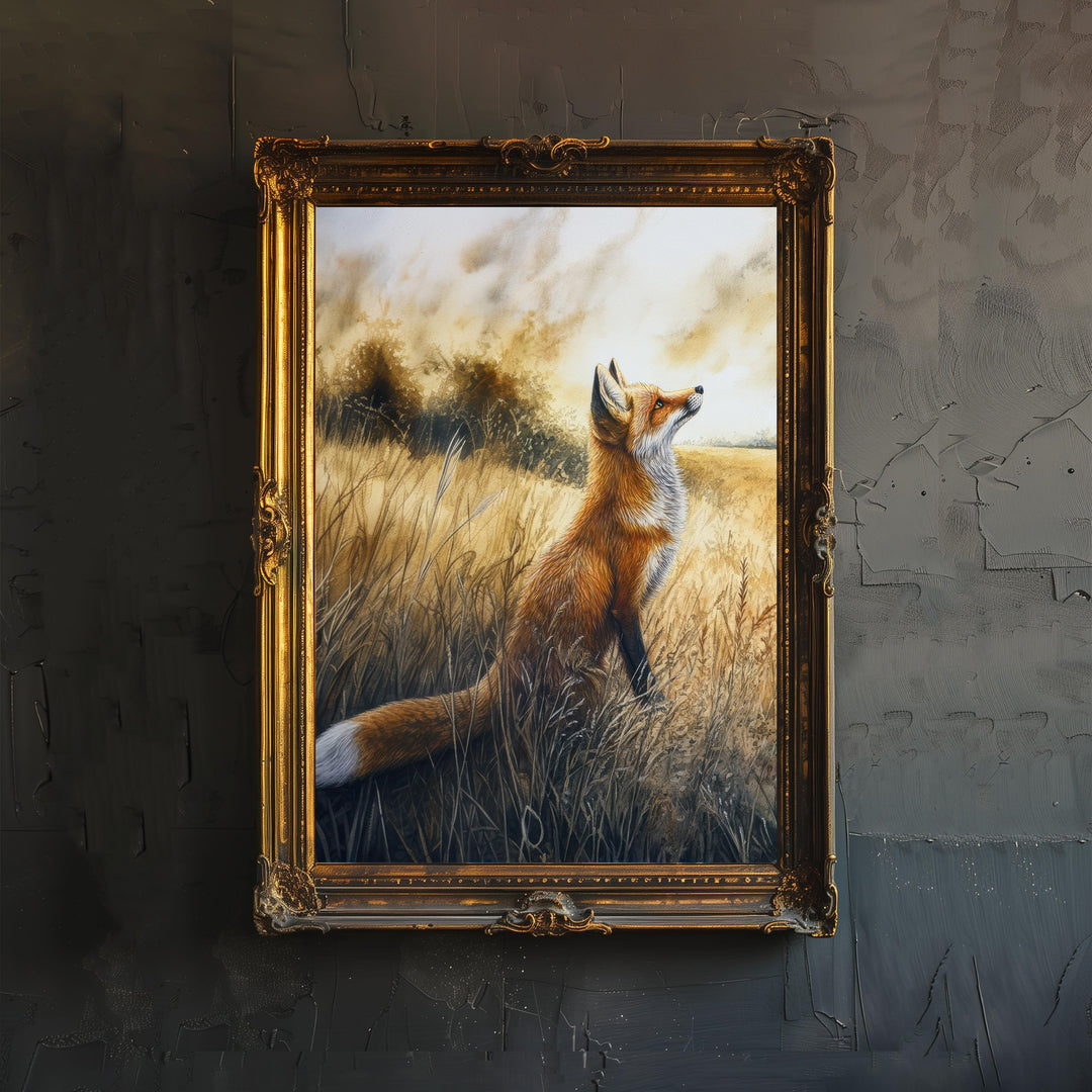 Fox in a Field Watercolor Print Cottagecore Decor Dark Academia Art Enchanted Wildlife Illustration Vintage Nature Wall Art