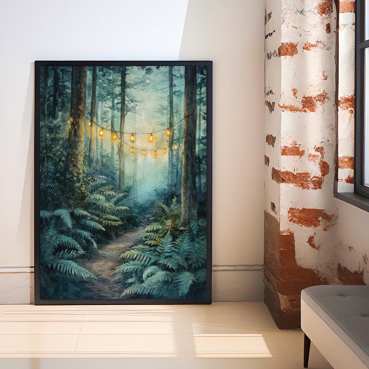 Lantern Trail Through Ferns Watercolor Print Cottagecore Decor Dark Academia Art Enchanted Illustration Vintage Nature Wall Art