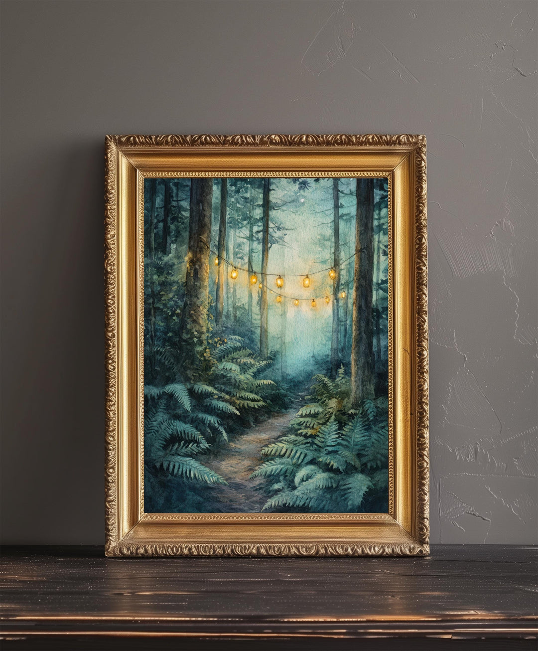 Lantern Trail Through Ferns Watercolor Print Cottagecore Decor Dark Academia Art Enchanted Illustration Vintage Nature Wall Art