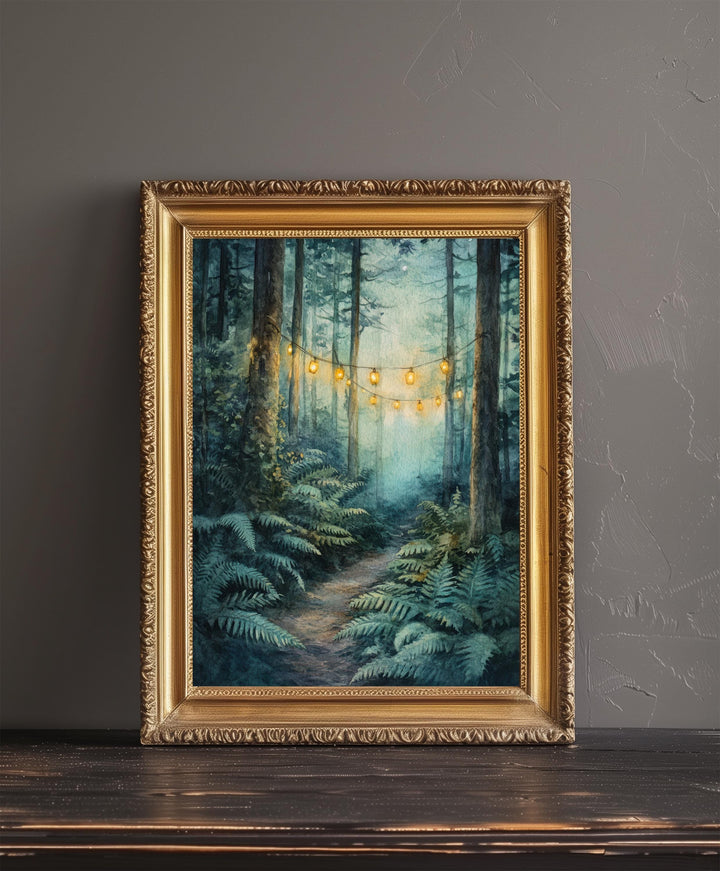 Lantern Trail Through Ferns Watercolor Print Cottagecore Decor Dark Academia Art Enchanted Illustration Vintage Nature Wall Art