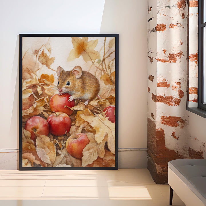 Mouse Among Fallen Apples Watercolor Print Cottagecore Decor Dark Academia Art Enchanted Wildlife Illustration Vintage Nature Wall Art
