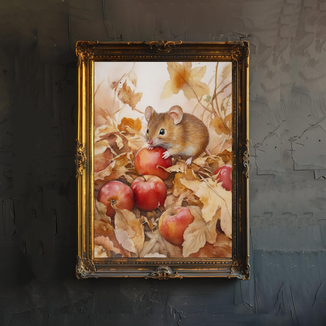 Mouse Among Fallen Apples Watercolor Print Cottagecore Decor Dark Academia Art Enchanted Wildlife Illustration Vintage Nature Wall Art