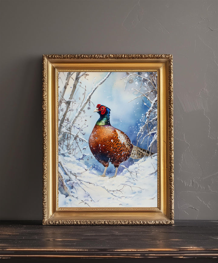 Pheasant in Winter Hedgerow Watercolor Print Cottagecore Decor Dark Academia Art Enchanted Wildlife Illustration Vintage Nature Wall Art
