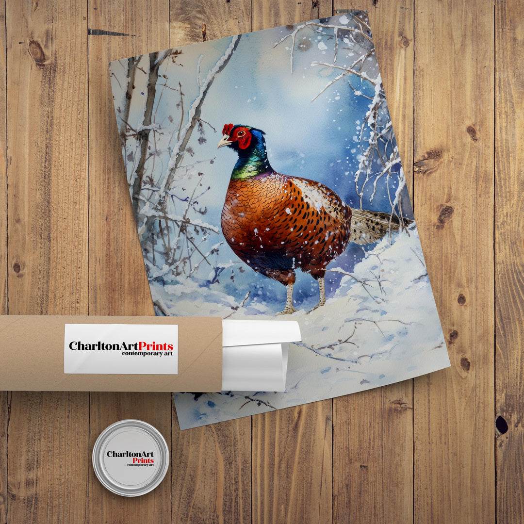 Pheasant in Winter Hedgerow Watercolor Print Cottagecore Decor Dark Academia Art Enchanted Wildlife Illustration Vintage Nature Wall Art