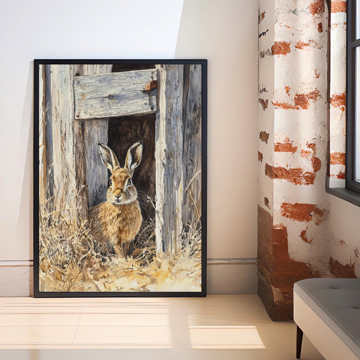 Hare at the Shed Door Watercolor Print Cottagecore Decor Dark Academia Art Enchanted Wildlife Illustration Vintage Nature Wall Art