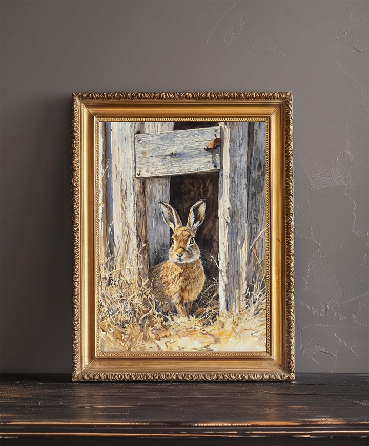Hare at the Shed Door Watercolor Print Cottagecore Decor Dark Academia Art Enchanted Wildlife Illustration Vintage Nature Wall Art