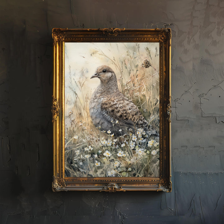Partridge in the Meadow Watercolor Print Cottagecore Decor Dark Academia Art Enchanted Wildlife Illustration Vintage Nature Wall Art