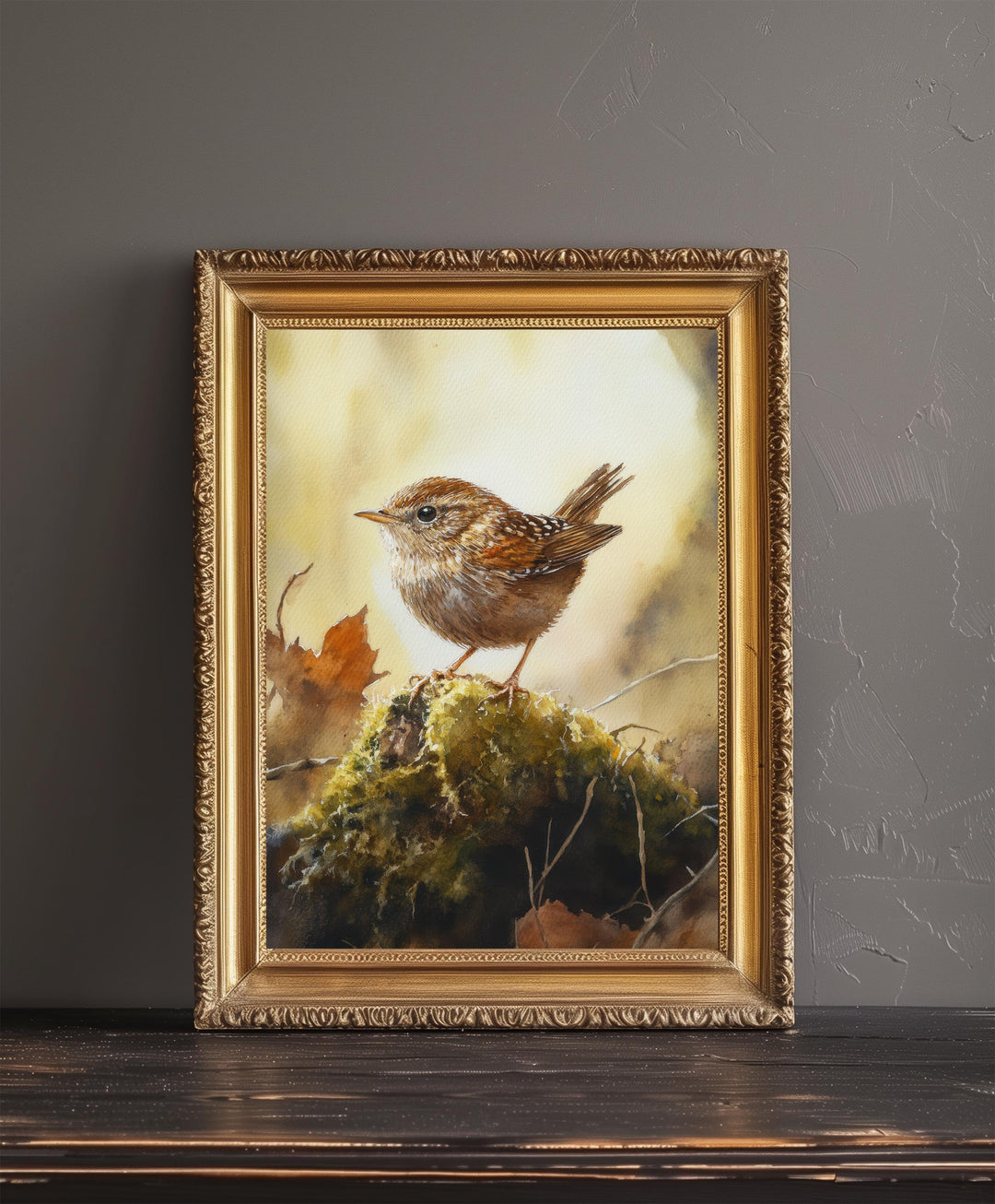 Wren on a Mossy Mound Watercolor Print Cottagecore Decor Dark Academia Art Enchanted Wildlife Illustration Vintage Nature Wall Art