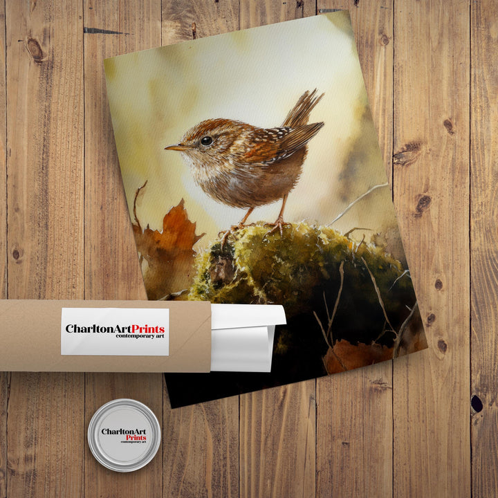 Wren on a Mossy Mound Watercolor Print Cottagecore Decor Dark Academia Art Enchanted Wildlife Illustration Vintage Nature Wall Art